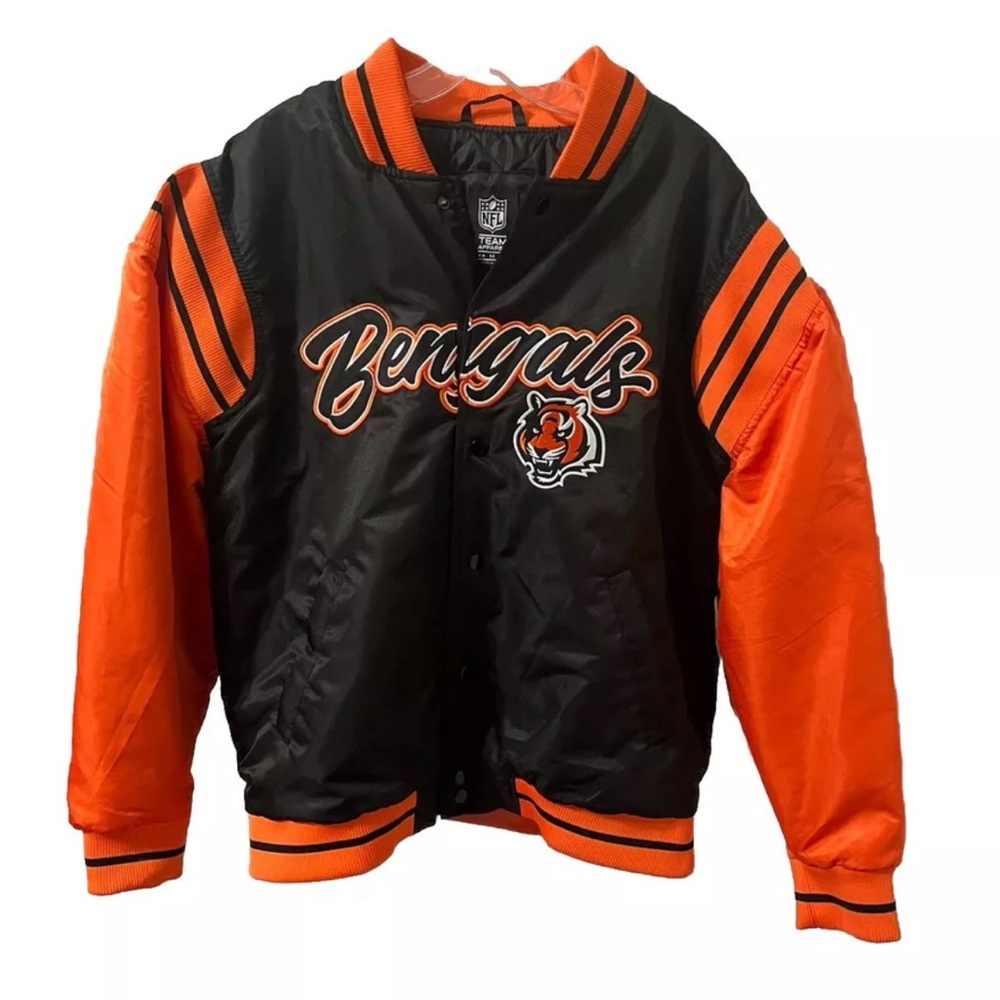 NFL Cincinnati Bengals Orange/Black Spellout Bomber Jacket Size Medium